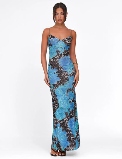 Eng anliegendes Maxi-Kleid mit blauem Leopardenmuster