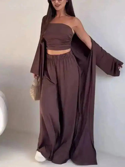 Damen Trägerloses Strick-Top mit Cardigan und weiten Hosen Set