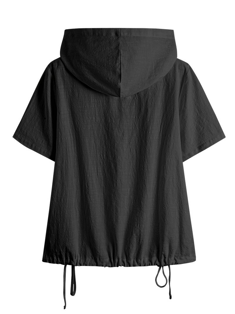 Rückansicht vom lockeren Damen Kurzarm Hoodie mit Kapuze
