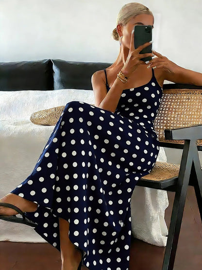 Ärmelloses, tailliertes Midi-Kleid aus Polyester mit Polka-Dots