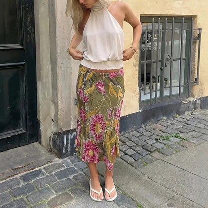 Damen Hoch Taillierter A-Linien Midi-Rock mit Blumenmuster und Schlitz
