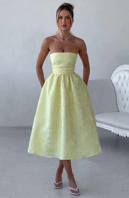 Florales Jacquard trägerloses Midikleid in Zitronengelb