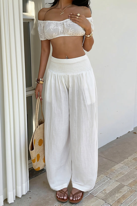 Damen Wide Leg Hose aus Baumwoll-Leinen mit Mid Waist in weiter Passform
