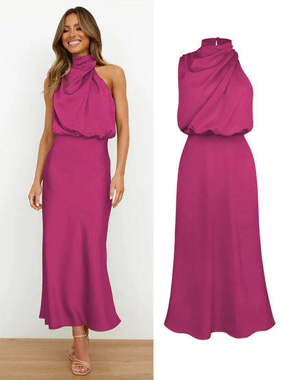 Damen Satin Midi Kleid Asymmetrischer Ausschnitt Abendkleid