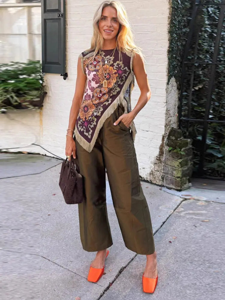 Damen Satin Ärmellose Bluse mit Blumenmuster und Fransenbesatz Weinrot