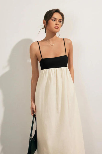 Midi-Kleid aus Leinen-Baumwoll-Mischung, locker geschnitten, schwarz-weiß