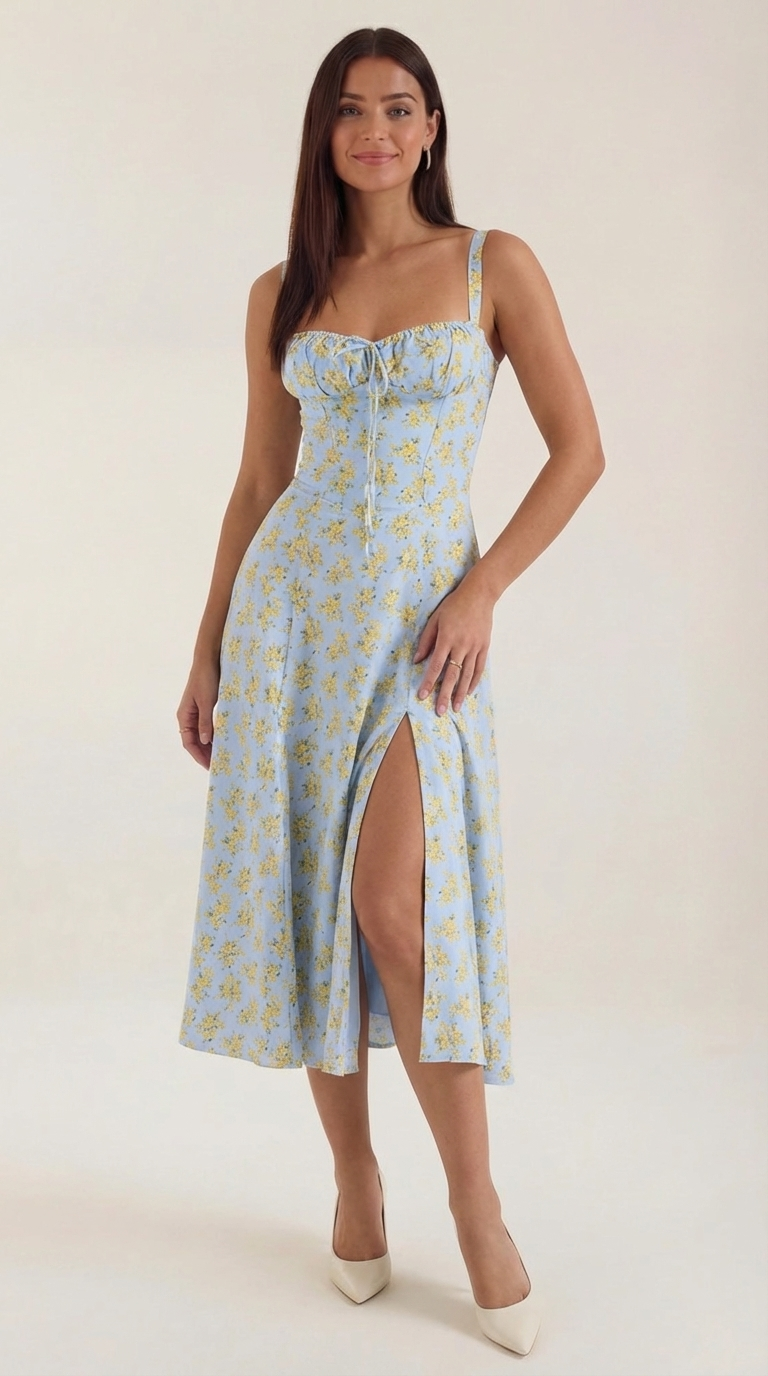 Damen Midikleid mit Blumenmuster Hochzeitsgastkleid