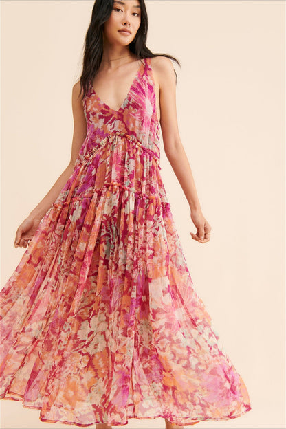 Damen Maxikleid mit Blumenprint und Volantsaum in voller Ansicht