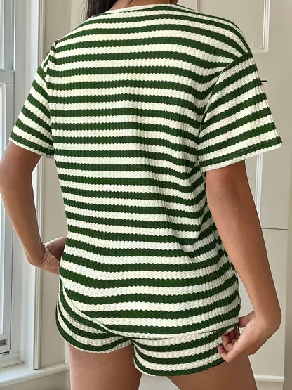 Gestreiftes T-Shirt mit Rundhalsausschnitt und Shorts Freizeitset
