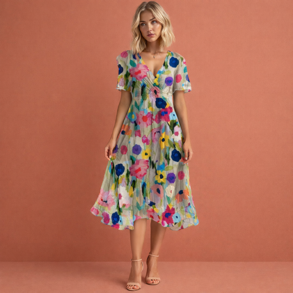 Midikleid mit Blumenmuster und kurzen Ärmeln für Damen