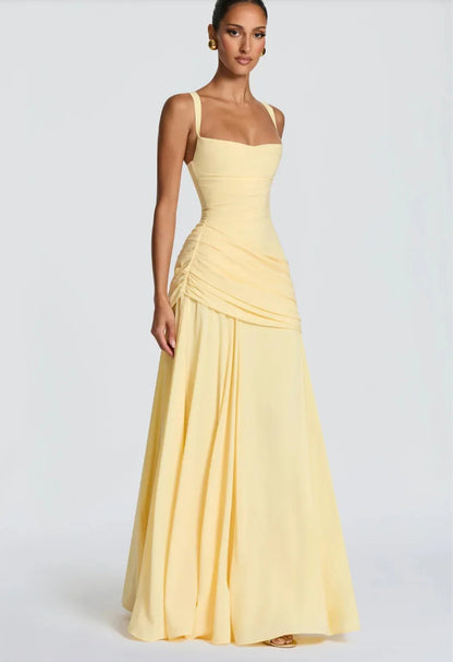 Gelbes gerafftes Maxikleid mit Drapierung