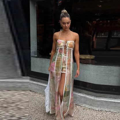 Damen-Set aus zwei Teilen mit Print und Spitzenbesatz