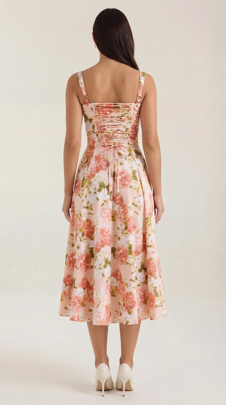 Damen Midikleid mit Blumenmuster Hochzeitsgastkleid