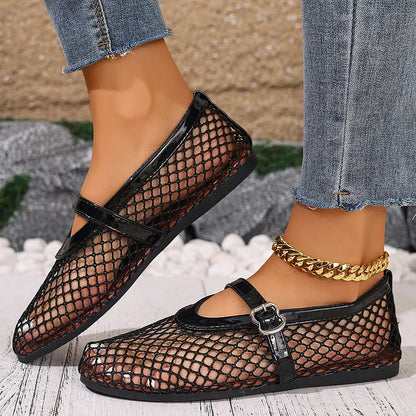 Damen Mary Jane Ballerinas Aus Mesh Mit Flacher Sohle