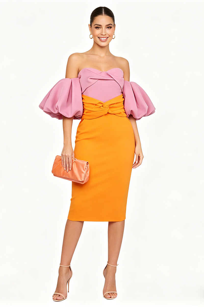 Midi-Kleid mit farbigen Puffärmeln