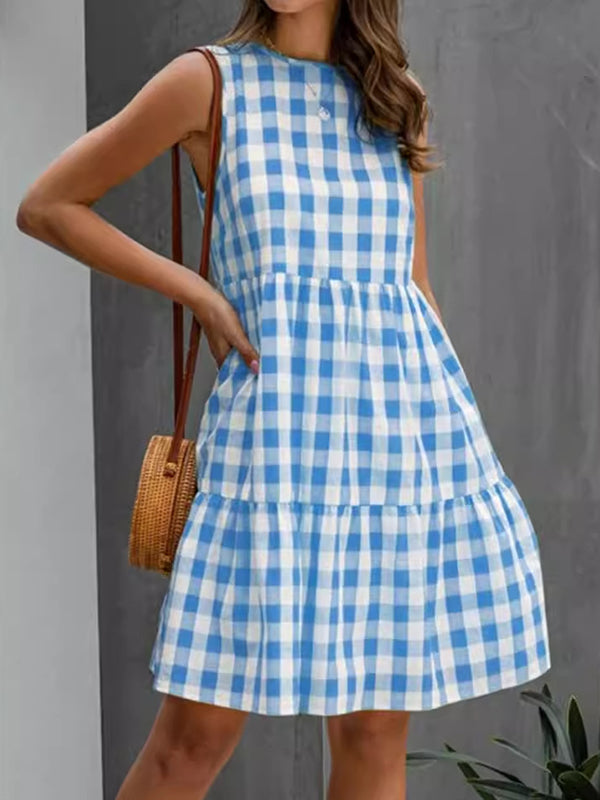 Müheloses ärmelloses Mini-Kleid mit Karomuster und plissierten Details