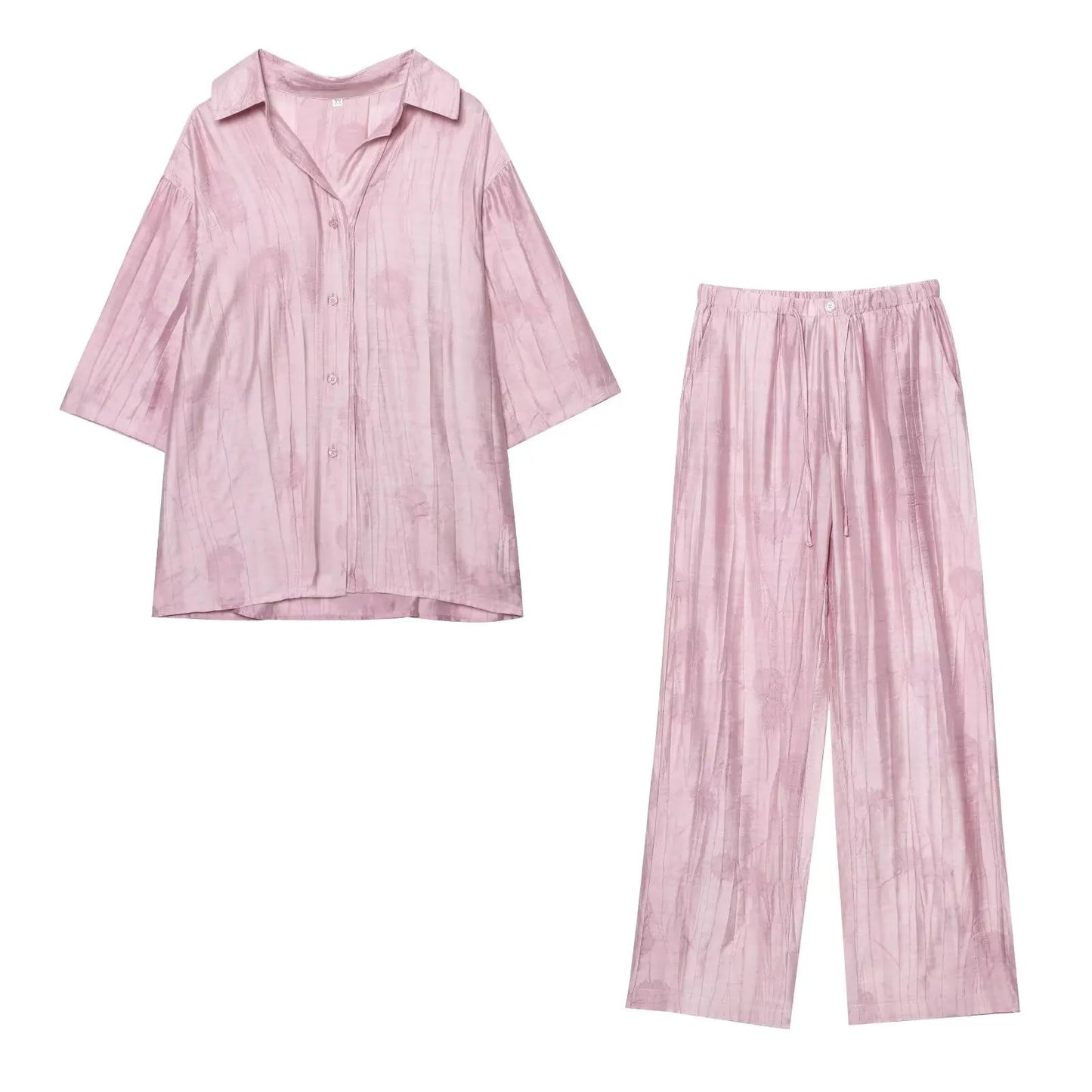 Damen Jacquard Zweiteiler Shirt und Weite-Hosen Set