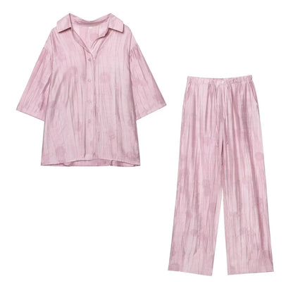 Damen Jacquard Zweiteiler Shirt und Weite-Hosen Set
