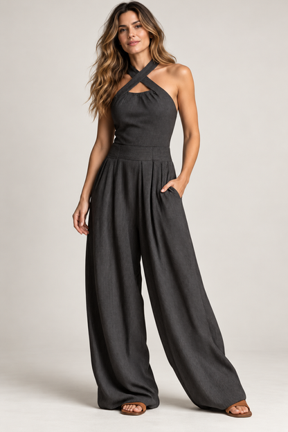 Damen Jumpsuit Mit Halterneck Und Weiten Hosenbeinen