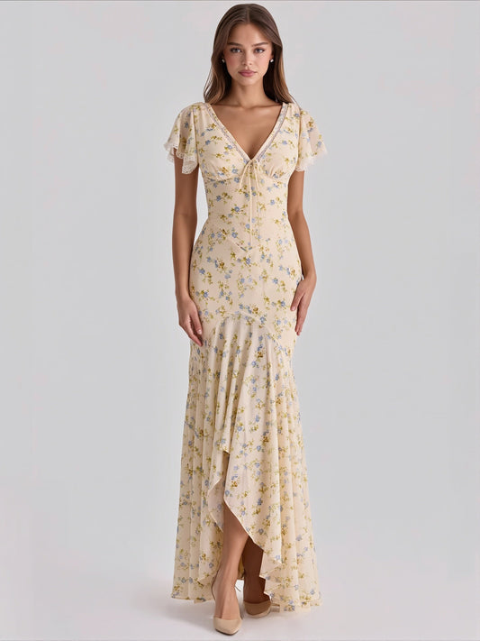 Damen-Blumen-Maxikleid mit V-Ausschnitt in voller Länge