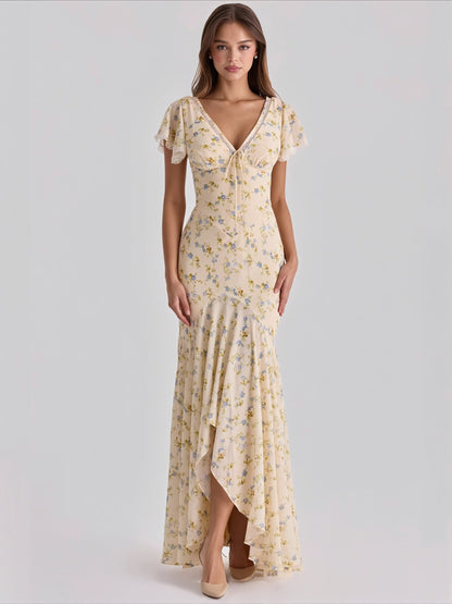 Damen Blumen Maxi Kleid Mit V Ausschnitt