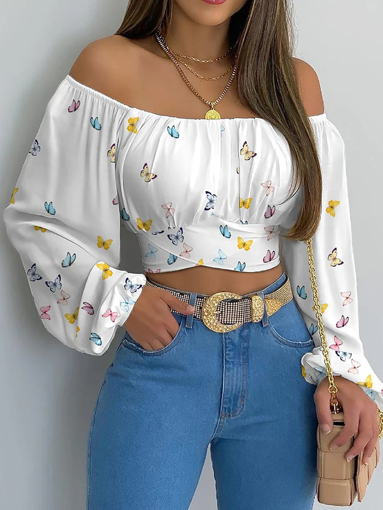 Damen Schulterfreie Cropped Bluse mit Ballonärmeln