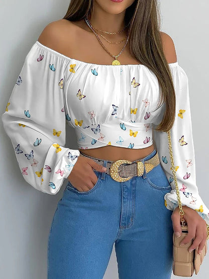 Damen Schulterfreie Cropped Bluse mit Ballonärmeln