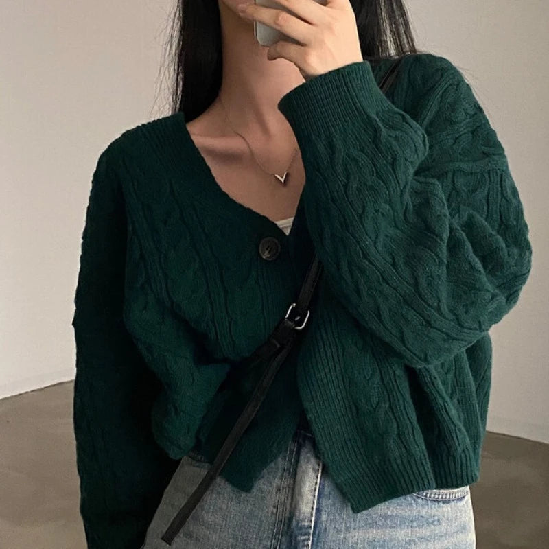 Damen Strickpullover mit V-Ausschnitt und Zopfmuster, lockere Passform