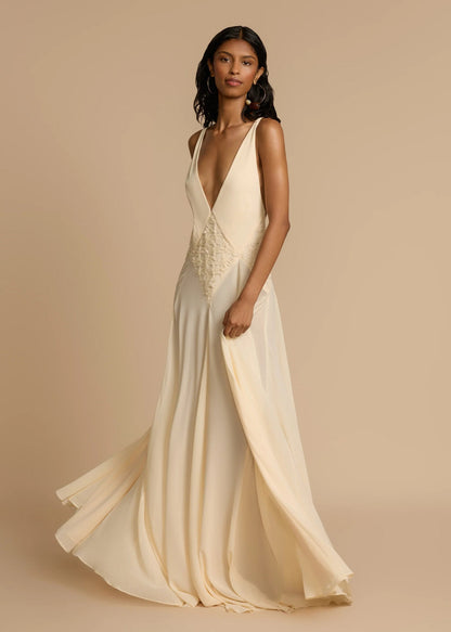 Weißes Maxikleid mit tiefem V-Ausschnitt und Spitze, luftig, für den Urlaub, Cami-Kleid