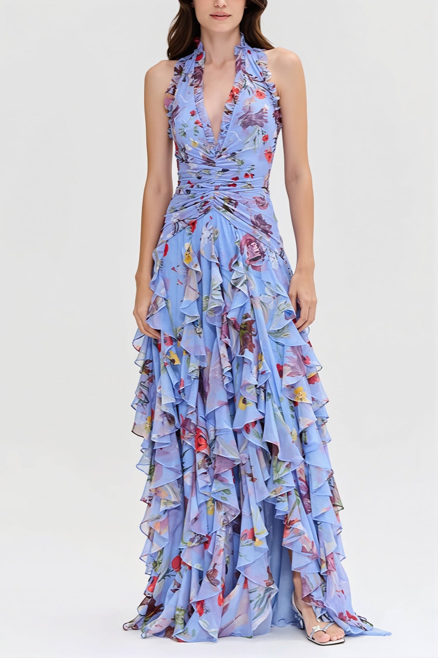 Damen Chiffon Maxikleid Mit Blumenprint Und Stufenrock