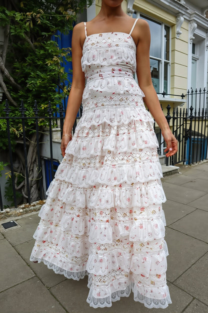 Damen Maxikleid mit schmalen Trägern und gestuftem Volantsaum