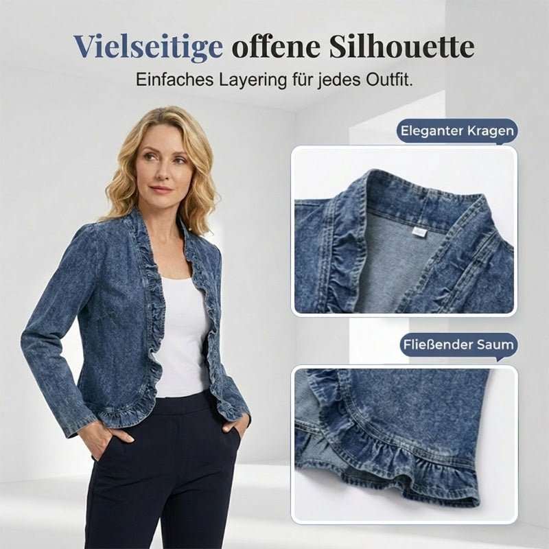 Damen-Jeansjacke mit Rüschensaum und offenem Frontverschluss