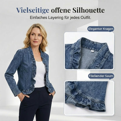 Damen-Jeansjacke mit Rüschensaum und offenem Frontverschluss
