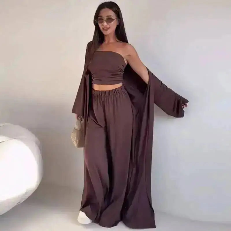 Damen Trägerloses Strick-Top mit Cardigan und weiten Hosen Set