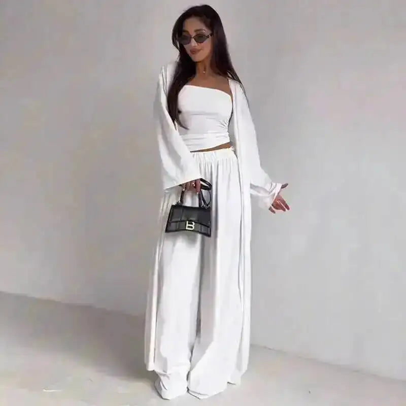 Damen Trägerloses Strick-Top mit Cardigan und weiten Hosen Set