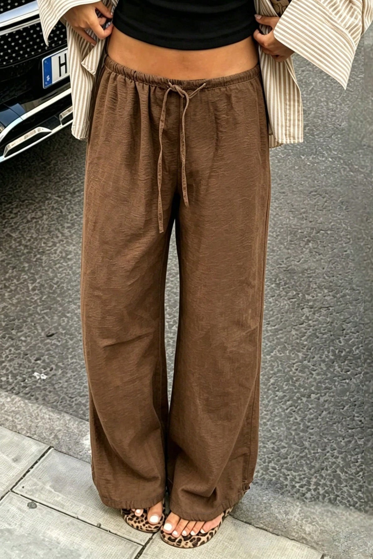 Damen Wide Leg Hose Mit Tunnelzug Und Taschen