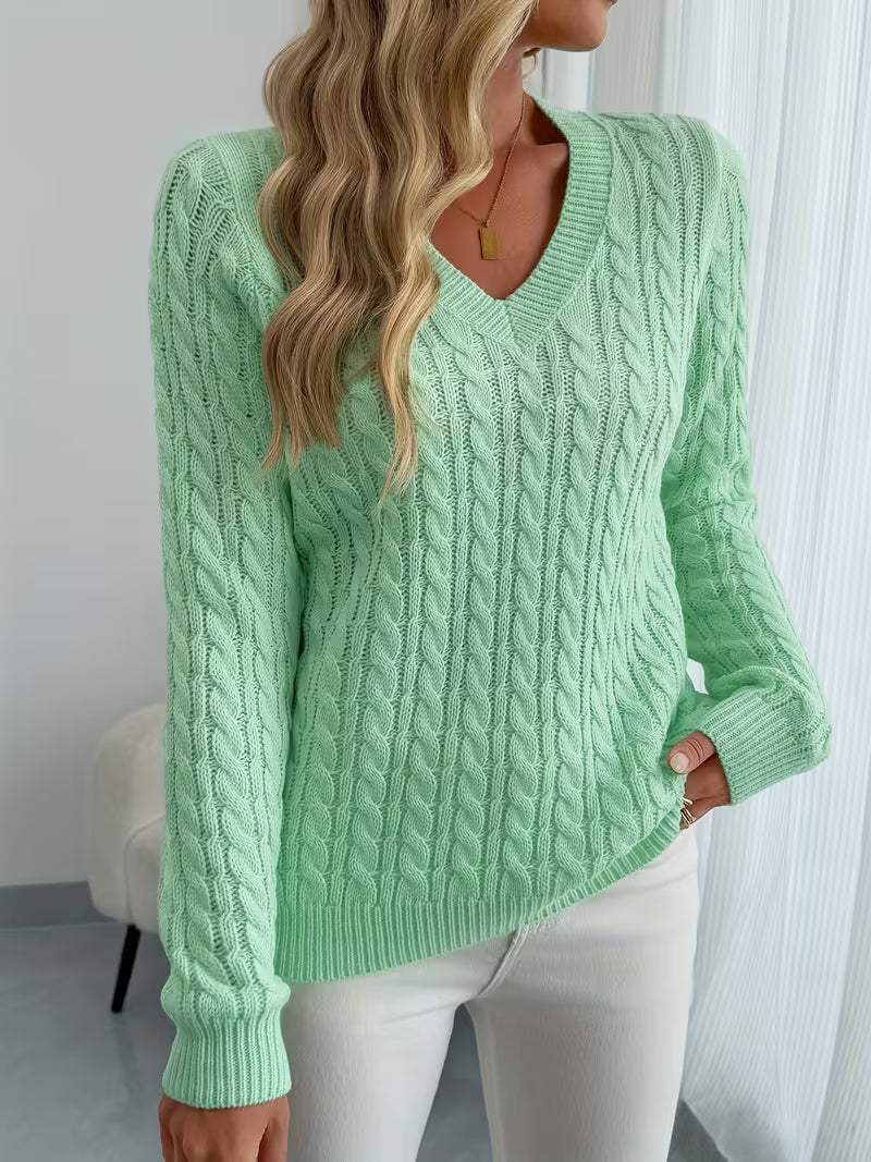 Damen Pullover Mit Zopfmuster Und V Ausschnitt