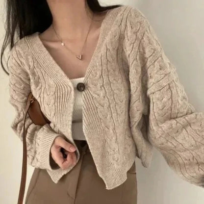 Damen Strickpullover mit V-Ausschnitt und Zopfmuster, lockere Passform