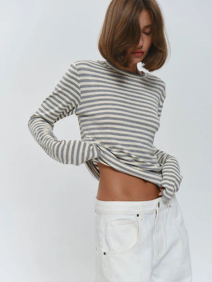 Damen Langarm-T-Shirt aus Baumwolle mit Streifenmuster