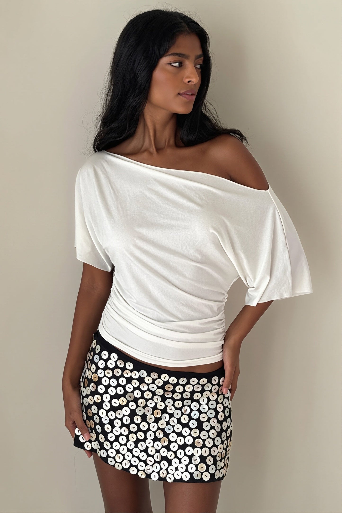 Damen Schulterfreies Raffung Slim Fit T Shirt