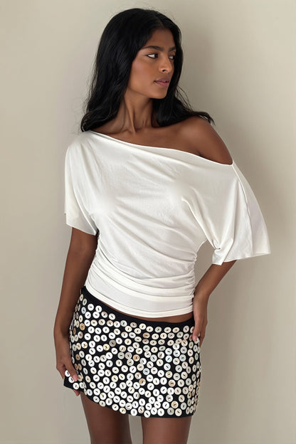 Damen Schulterfreies Raffung Slim Fit T Shirt