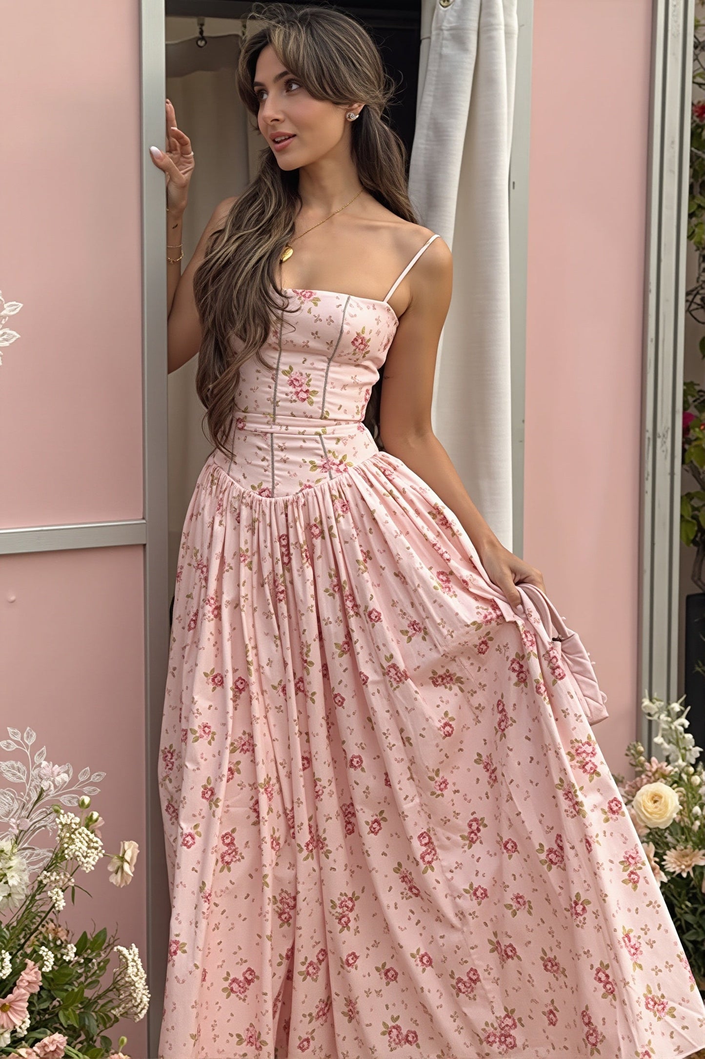 Langes Damenkleid mit Spaghettiträgern und floralem Allover-Print