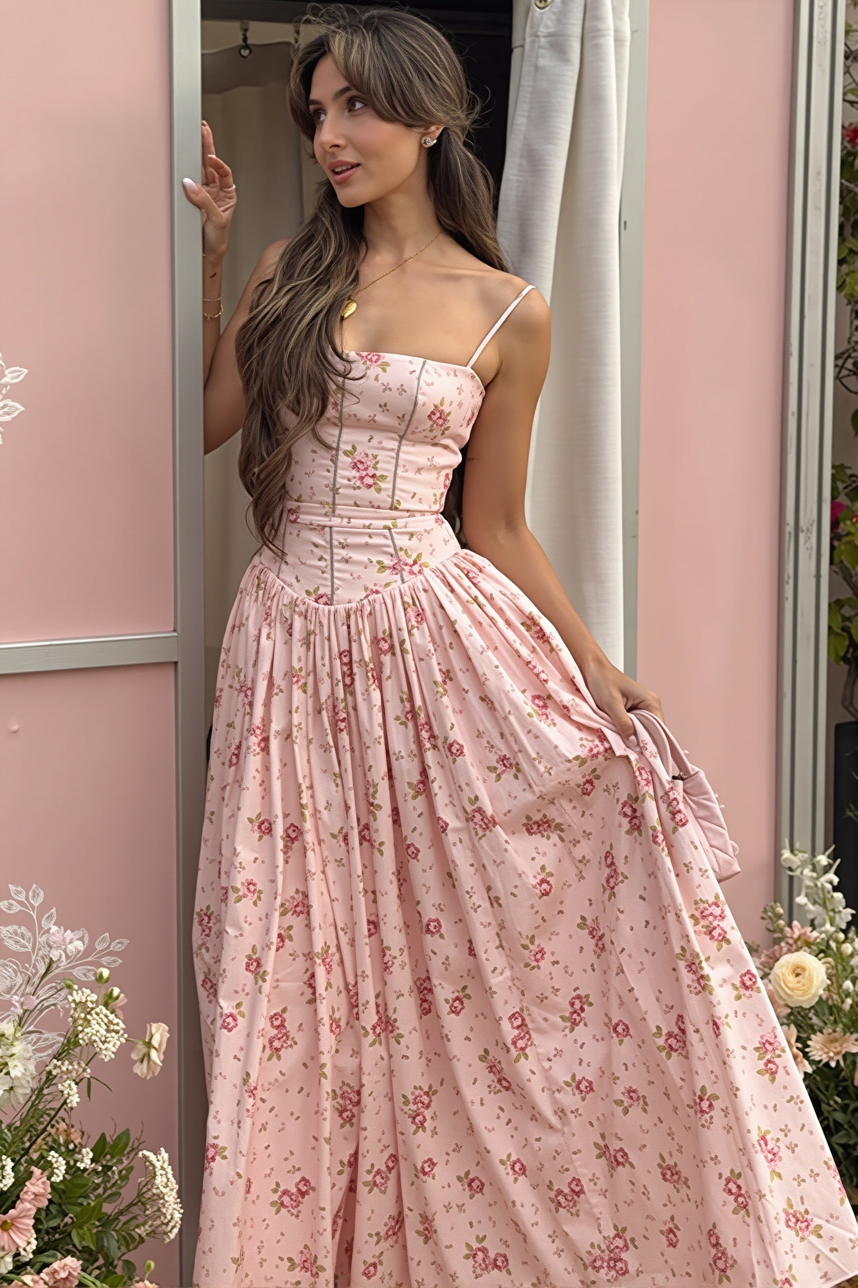 Langes Damenkleid mit Spaghettiträgern und floralem Allover-Print
