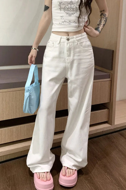Damenjeans mit weitem Bein und hohem Bund in Rosa