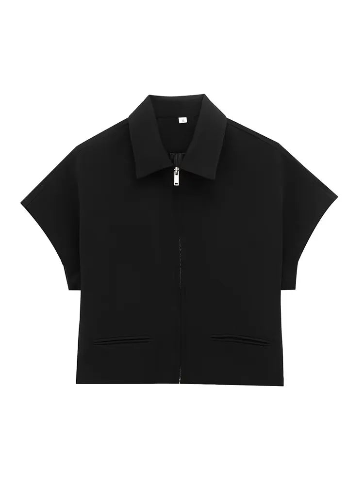 Damen Schlanke Reversjacke mit Reißverschluss und kurzen Ärmeln, Set mit weitem Hosenbein, Schwarz