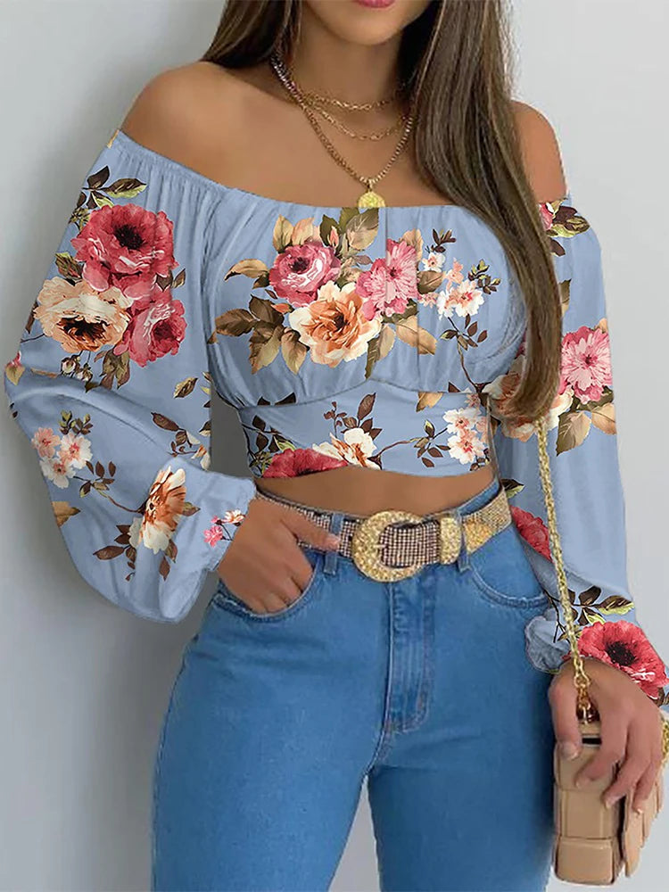 Damen Schulterfreie Cropped Bluse mit Ballonärmeln