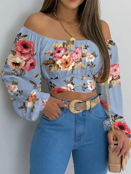 Damen Schulterfreie Cropped Bluse mit Ballonärmeln