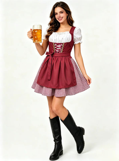 Damen Dirndl Kleid Mit Schnürmieder Und Schürze Rot Blau