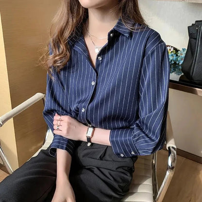 Damen lockeres gestreiftes Langarmshirt Blau Weiß