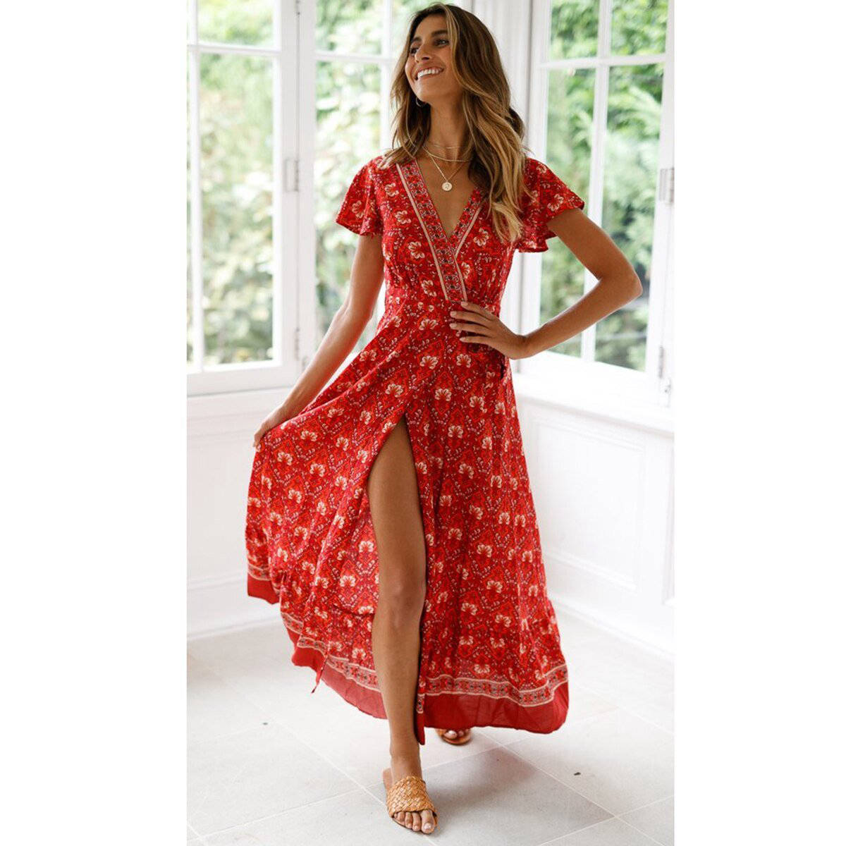 Rotes Boho Wickelkleid mit Herzmuster und Schlitzdesign